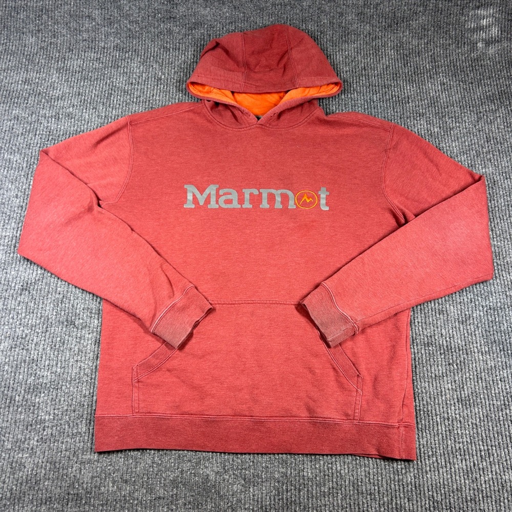 Marmot Hoodie Men's L Logo Pullover Red Orange Outdoor‎ Hiking Sweatshirt